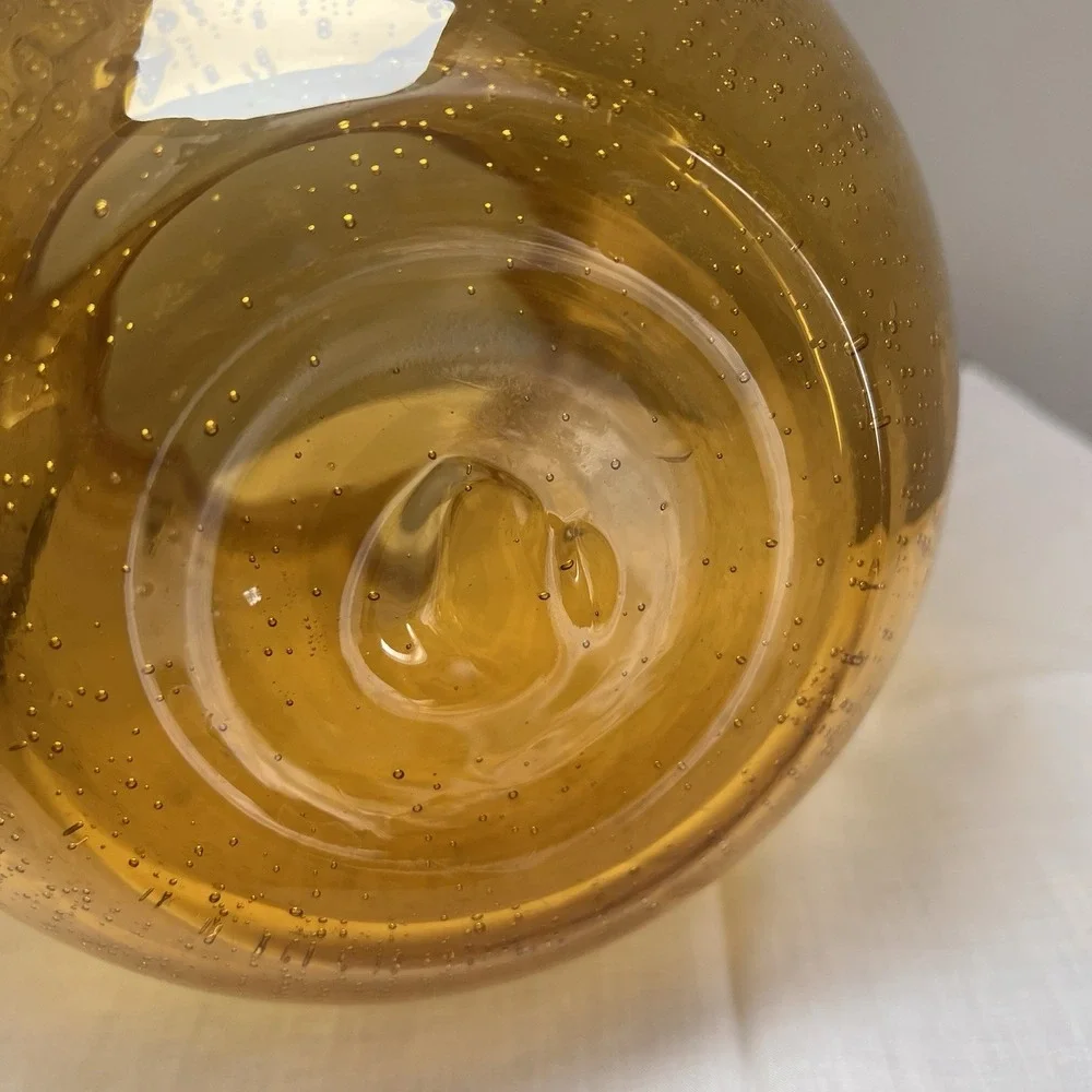 Vintage Amber Bubble Glass Pitcher Clear Handle Hand Blown Art Glass 90 Oz